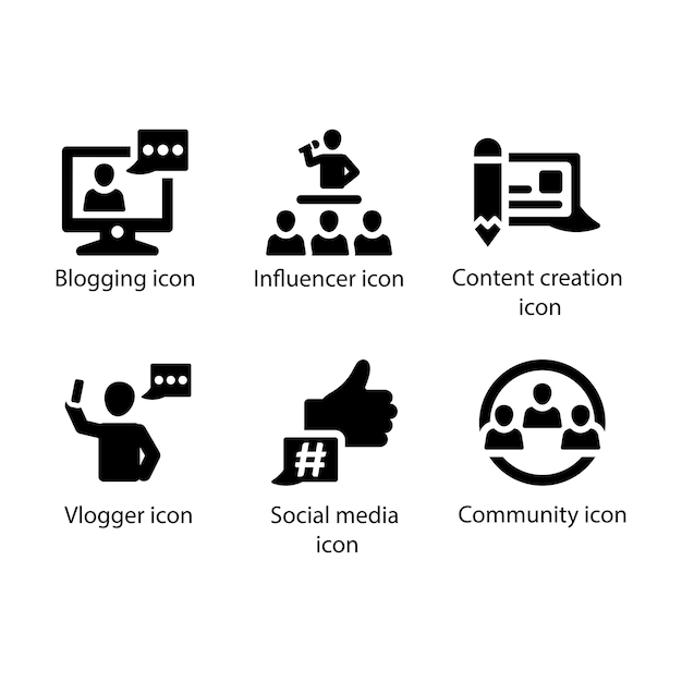 Blogging Influencer Creación de contenido Vlogger Redes sociales Comunidad Conjunto de íconos negros
