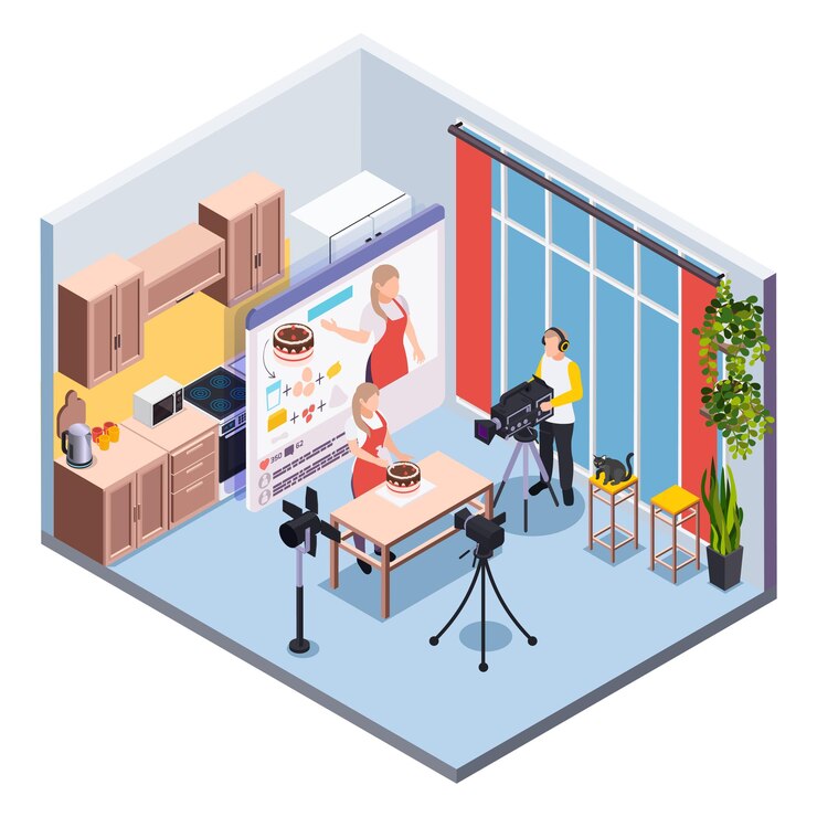 Vector bloguear composición isométrica con operador y pastelero filmando un programa de cocina en el interior de la cocina