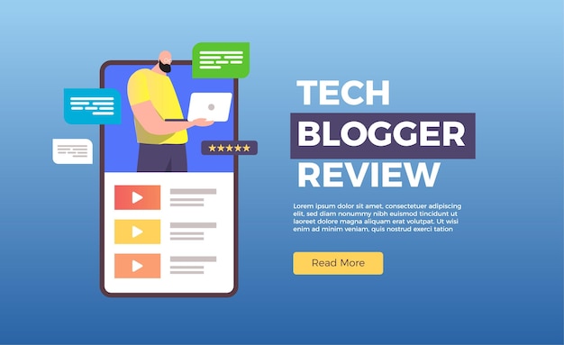 bloguero de tecnología dando revisión de video en aplicación móvil en línea Ilustración vectorial para influenciador de marketing