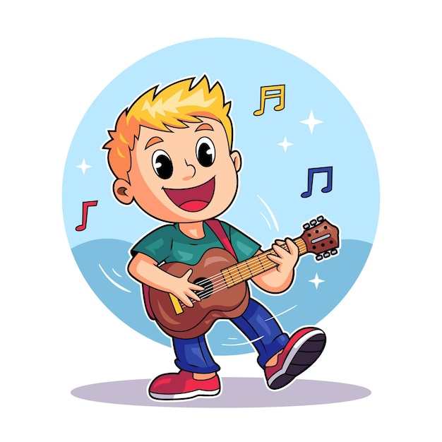Blond Boy Strumming Guitar Cheerfully