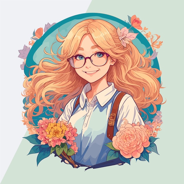 Blonde Beauty Blooms Vector Girl con gafas rodeada de flores Sticker amp Logo Template