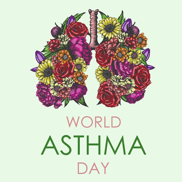 Vector bloom pulmones sanos concepto del día mundial del asma pulmones dibujados a mano con flores para la impresión de tarjetas de pancartas