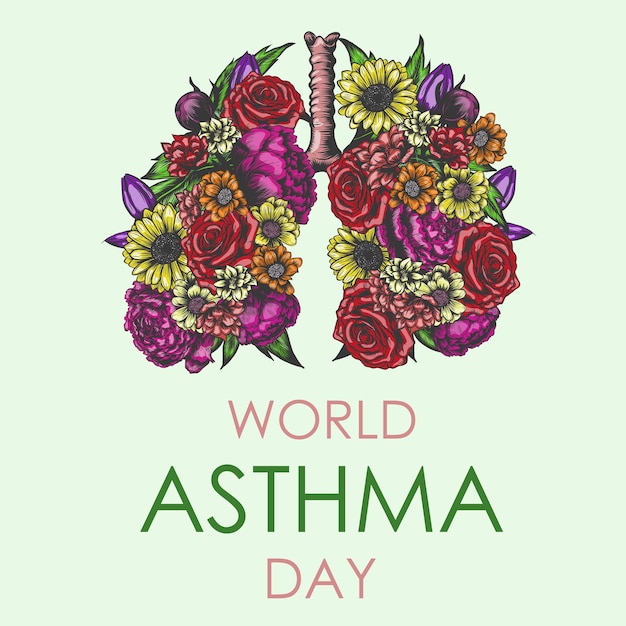 Bloom pulmones sanos concepto del Día Mundial del Asma pulmones dibujados a mano con flores para la impresión de tarjetas de pancartas