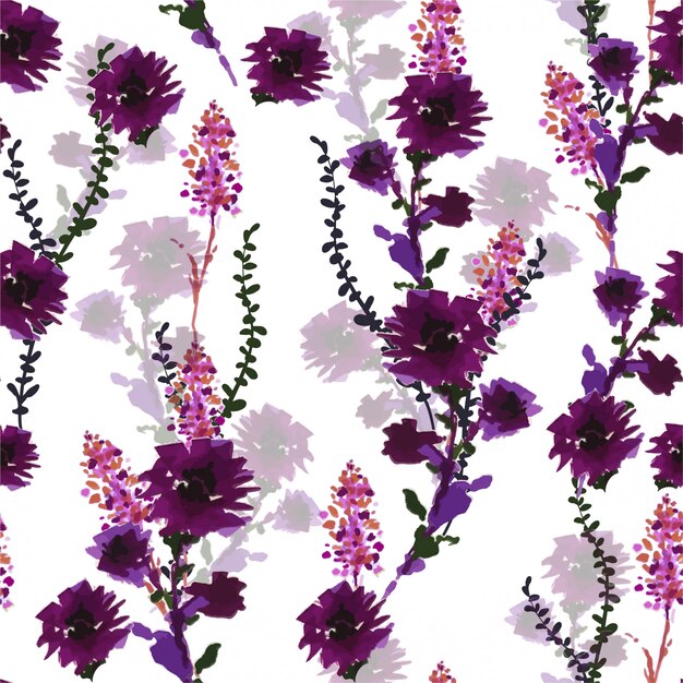 Blooming flores silvestres violetas de rotulador dibujado a mano vector de patrones sin fisuras en vector, diseño para moda, tela, papel tapiz, envoltura y todas las impresiones