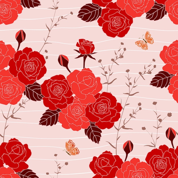 Blooming jardín de rosas de patrones sin fisuras en tono rojo