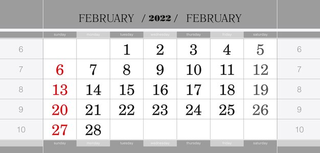 Bloque de calendario trimestral de febrero de 2022. calendario de pared en inglés, la semana comienza en domingo.