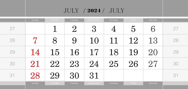 Bloque de calendario trimestral de julio de 2024 Calendario de pared en inglés la semana comienza en domingo