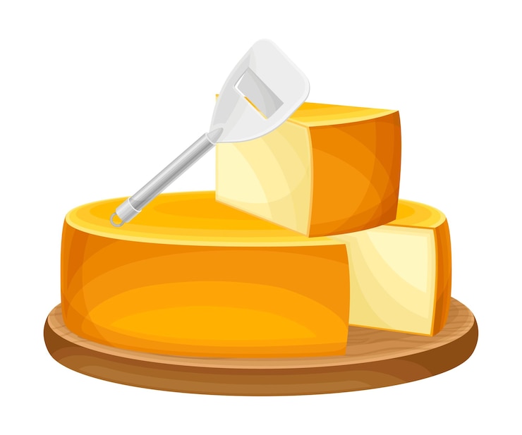 Vector un bloque de queso con una losa cortada como ilustración vectorial de productos lácteos