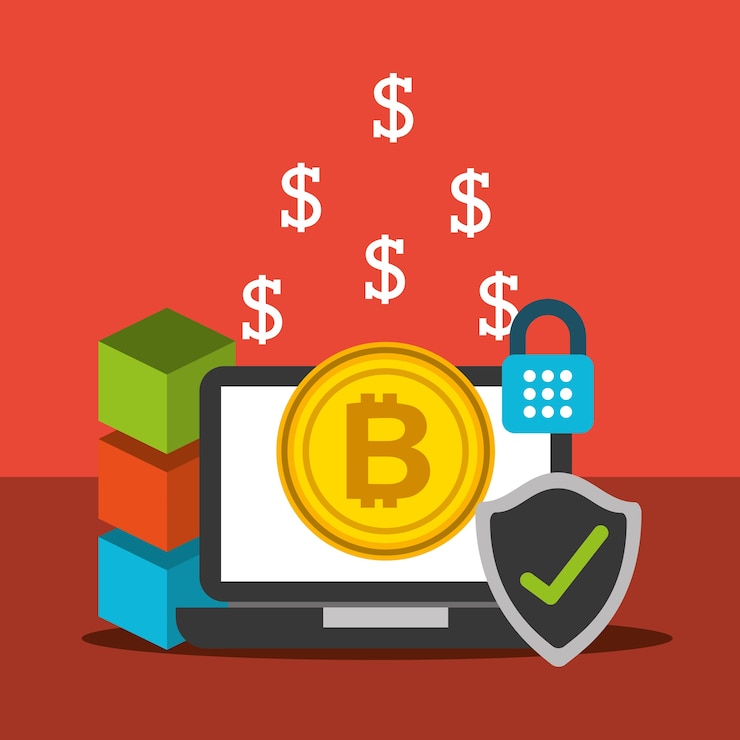 Vector bloque de verificación de seguridad bitcoin laptop blockchain
