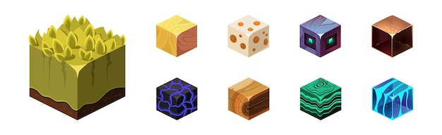 Bloques y cubos de juego de diferentes materiales conjunto vectorial de objeto isométrico cuadrado texturizado