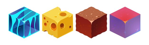 Bloques y cubos de juego de diferentes materiales conjunto vectorial de objeto isométrico cuadrado texturizado