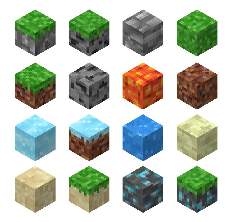 Vector bloques de juegos de píxeles, hierba, piedra, hielo, agua, arena