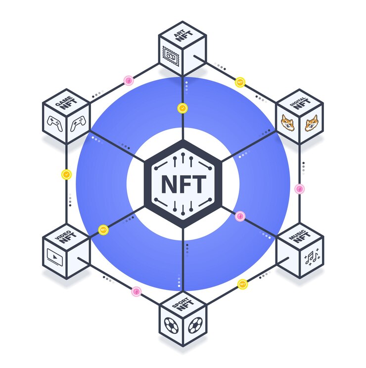 Vector bloques nft con cripto objetos de arte deportes música videojuegos artículos digitales nft en línea