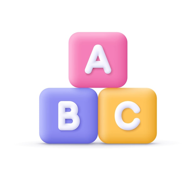 Bloques o cubos del alfabeto ABC Diseño de juegos para bebés, niños, juguetes, rompecabezas y negocios Concepto de trabajo en equipo Icono vectorial 3D Estilo minimalista de dibujos animados