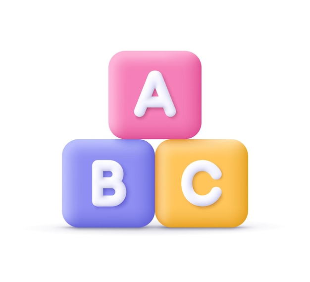 Bloques o cubos del alfabeto abc diseño de juegos para bebés, niños, juguetes, rompecabezas y negocios concepto de trabajo en equipo icono vectorial 3d estilo minimalista de dibujos animados