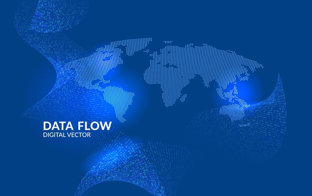Blue abstract data flow vector with glowing dots and curved digital lines Represents big data visualization and network data transfer