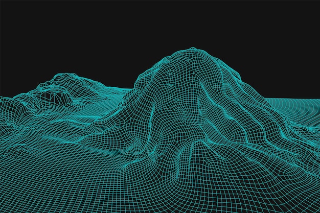 Blue abstract vector wireframe paisaje fondo 3D malla futurista montañas ilustraciones retro de los años 80 Ciberespacio tecnología valles