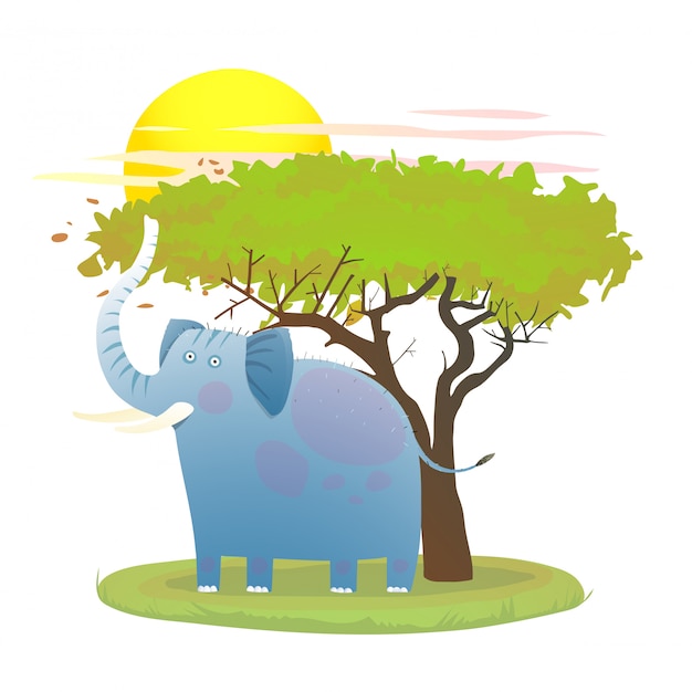 Blue Baby Elephant en la naturaleza con árboles y sol