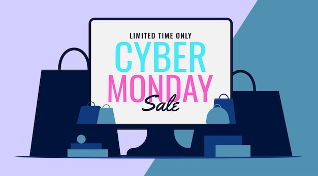 Blue Cyber Monday banner poster diseño de paisaje plantilla anuncios concepto de diseño