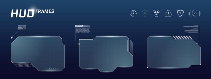 Blue digital interface frame with sci fi HUD elements glowing buttons and title bar Futuristic dashboard layout for game stream or cyberpunk virtual display system