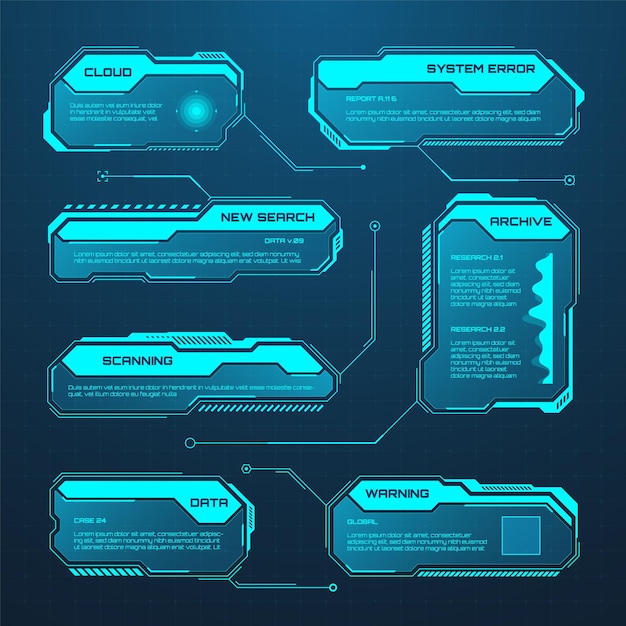 Blue futurístico hud o ui elementos scifi interfaz de usuario cuadros de texto llamadas cuadros de mensaje de advertencia