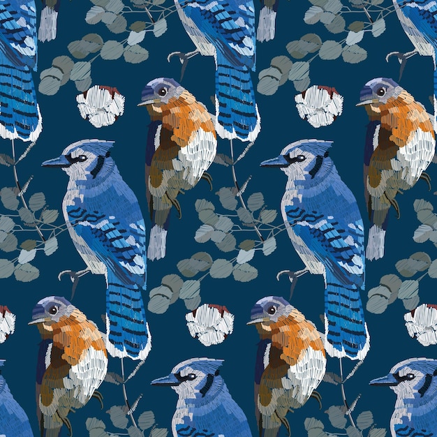 Vector blue jay y plumas de patrones sin fisuras estilo de bordado imprimir para textiles embalaje decoraciones papel y papel tapiz