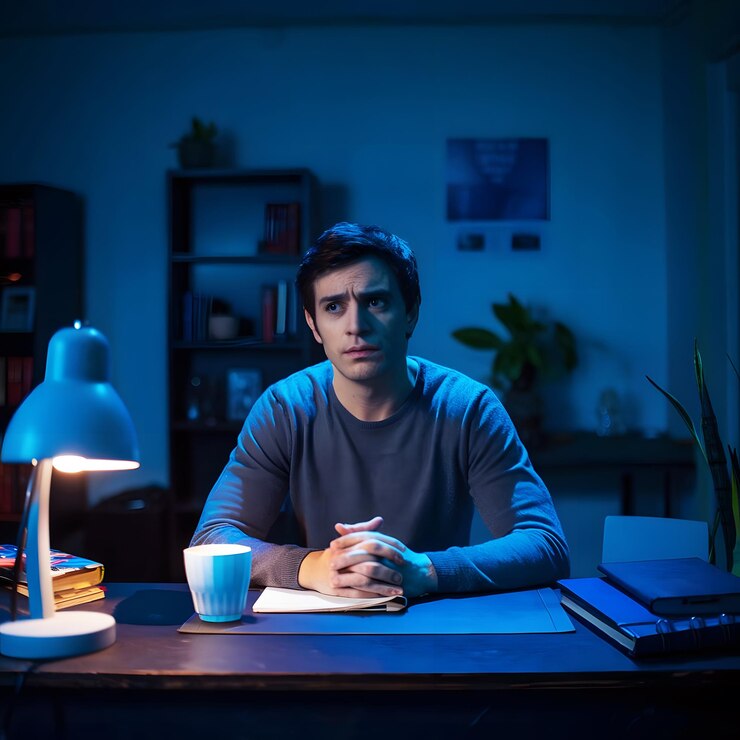 Vector blue monday cinematic medio tiro de un hombre sentado