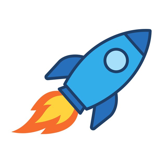 A blue rocket launching into space with flames
