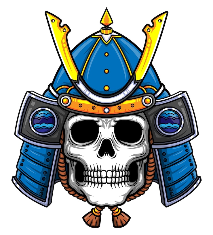 Vector blue skull samurai warrior mask armadura tradicional de guerrero japonés