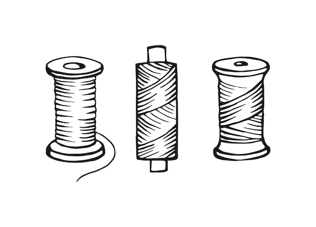 Bobinas con hilos para coser sketch en técnica gráfica ilustración vectorial