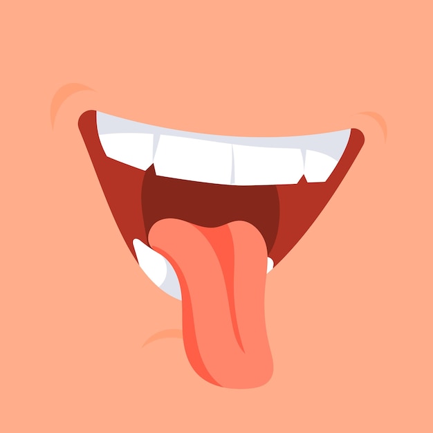 Boca abierta de dibujos animados que muestra la lengua y los dientes haciendo una cara graciosa
