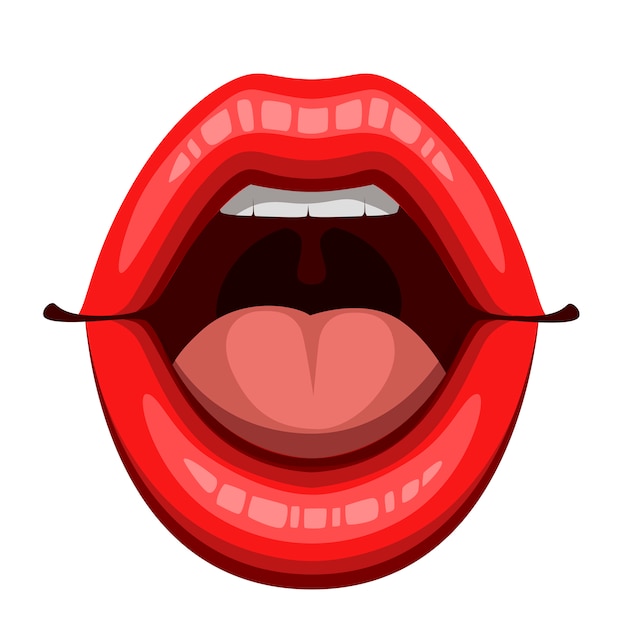 Boca abierta de mujer con labios rojos sexy. Diseño de estilo plano. Maquillaje colorido icono. ilustración aislada sobre fondo blanco.