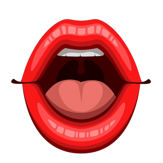 Boca abierta de mujer con labios rojos sexy. diseño de estilo plano. maquillaje colorido icono. ilustración aislada sobre fondo blanco.