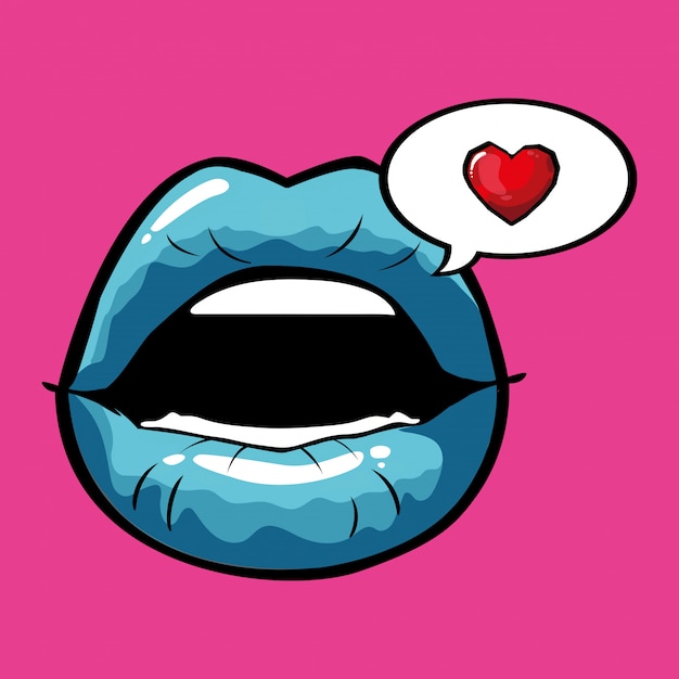 Vector boca de arte pop femenino y azul con burbuja y corazón