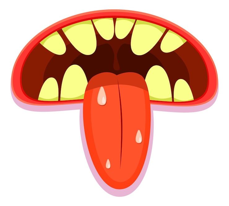 Vector boca aterradora con lengua monstruo de dibujos animados dientes abiertos aislados sobre fondo blanco