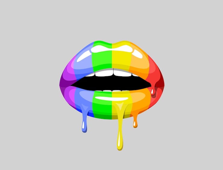 Vector la boca del día del orgullo arcoíris muerde el labio lgbt para la imprenta labios sensuales con lápiz labial arcoíris orgullo