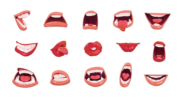 Boca de dibujos animados Labios abiertos y vestidos risa triste sonrisa ira cara linda emoción con lengua y dientes Vector boca expresión facial conjunto aislado