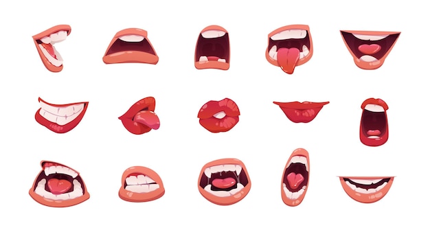 Boca de dibujos animados labios abiertos y vestidos risa triste sonrisa ira cara linda emoción con lengua y dientes vector boca expresión facial conjunto aislado