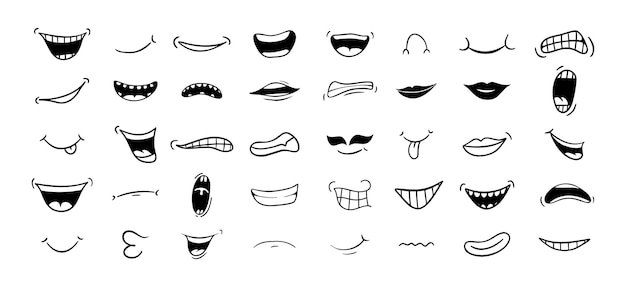 Boca de dibujos animados sonrisa feliz expresión triste enojada dibujado a mano boca lengua icono caricatura