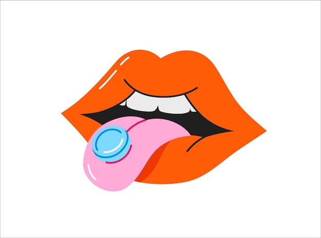 Vector boca femenina con lápiz labial rojo pegando una lengua con pastilla azul pegatina vectorial