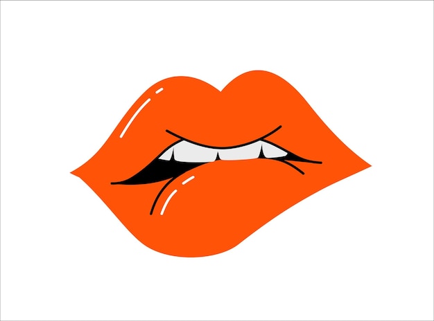 Vector boca femenina mordiéndose un labio labios rojos beso beso imitar emociones expresión facial imagen vectorial