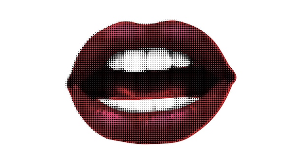 Boca femenina en tratamiento de medio tono para collage en fondo blanco aislado vector labios sexy de moda