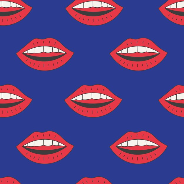 Boca hablante patrón sin costuras labios caprichosos funky con dientes blancos sobre un fondo azul