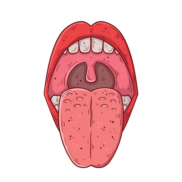 Vector una boca humana abierta con una lengua sobresaliente dibujada a mano ilustración vectorial simple de dibujos animados