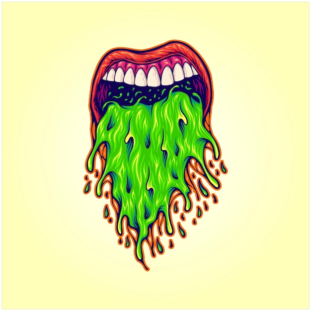 Boca humana vomitando ilustraciones de logotipos de líquidos desagradables