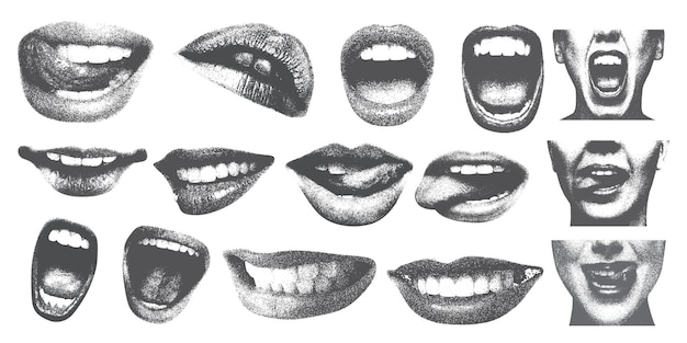 La boca y los labios en grito para el diseño de collage grunge punk y2k con efecto fotocopia monocromático