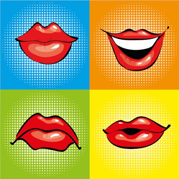 Vector boca con labios rojos en estilo retro pop art