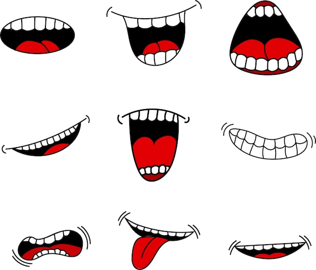 Boca con lengua vector de dibujos animados conjunto emoticono aislado para el diseño de elementos divertidos