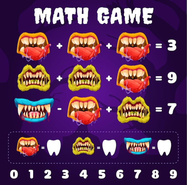 Boca y mandíbulas de monstruo de halloween en juego de matemáticas
