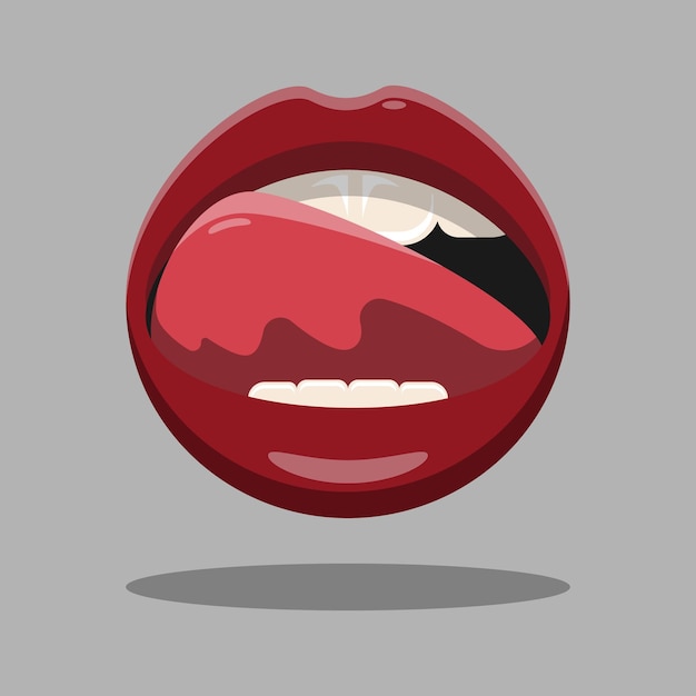 Vector boca de mujer para expresar estado delicioso. boca abierta con labios, lengua y dientes rojos. vector aislado